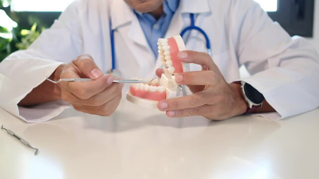 Dentist demonstrating proper brushing techniques using a dental model and timer in a clinical setting.