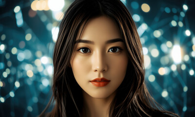 woman with long dark hair and striking features stands against blurred technology background, exuding confidence and curiosity. Her captivating gaze draws attention in this modern setting