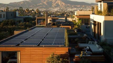 Fototapeta premium Christmas cheer rooftop solar panels in urban setting high-resolution photography eco-friendly environment aerial view