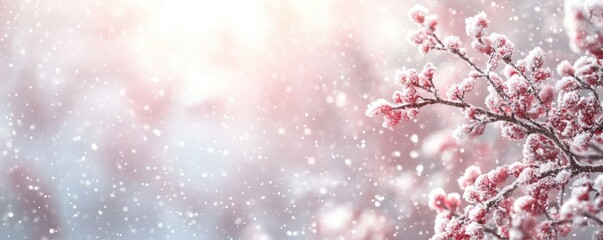 Soft pink and white copy space over a winter background with blurred snowflakes