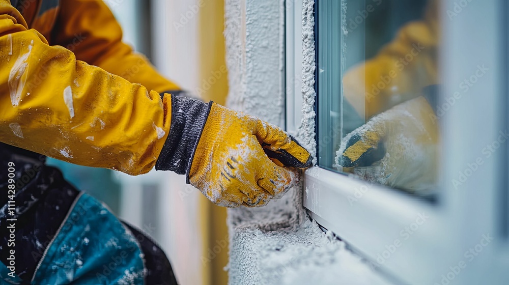 Aufkleber worker installing window frame with sealant