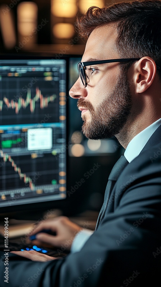 Poster a focused professional analyzes financial data on dual monitors, interpreting stock trends and marke