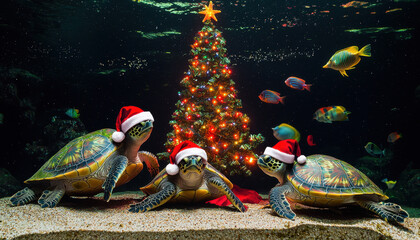 family of turtles wearing Santa hats gathers around decorated Christmas tree in underwater scene, creating festive and joyful atmosphere