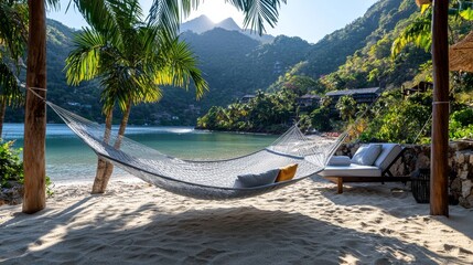 Relaxing in a Tropical Beach Hammock Paradise Island Scenic View Natural Surroundings Calm Atmosphere for Ultimate Relaxation