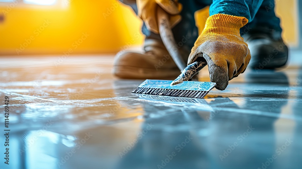 Poster worker smoothing wet tile grout with a brush