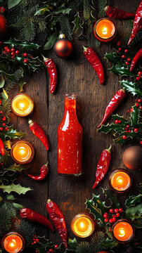 rustic table spread featuring bottle of hot sauce surrounded by red chili peppers, candles, and festive greenery creates warm, inviting atmosphere