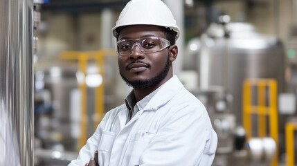 Obraz premium Professional engineer in white hardhat and protective glasses standing confidently in industrial manufacturing facility with stainless steel equipment and tanks in background