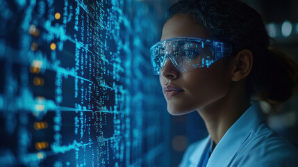 researcher analyzes genetic data on futuristic digital screen