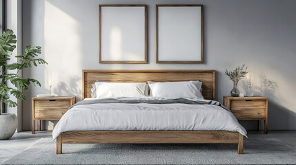 Contemporary Scandinavian Bedroom with Natural Wood Furniture and Minimalist Poster Frames