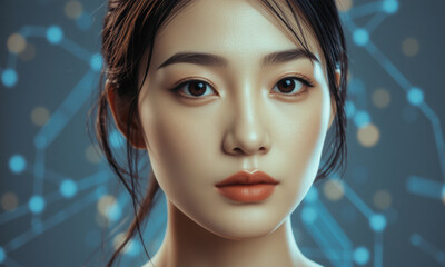woman with serene expression against technology themed background, showcasing blend of human emotion and digital elements. Her features are highlighted by soft lighting
