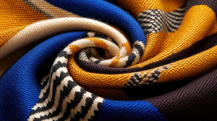 Colorful woven fabric with intricate patterns and textures