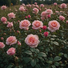 A pink rose garden at the edge of a meadow.