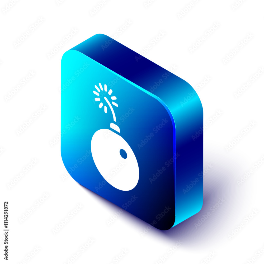 Poster isometric bomb ready to explode icon isolated on white background. blue square button. vector