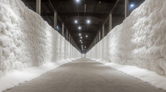 Ethereal White Foam Walls Creating a Dreamlike Corridor in an Industrial Space with Soft, Diffused Lighting Enhancing the Modern Aesthetic of the Setting