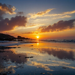 Obraz premium Late sunset over the Beach, beautiful colorful panoramic view, generated ai