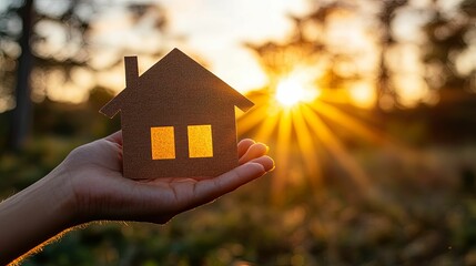 Hand Holding Small Cardboard House At Sunset