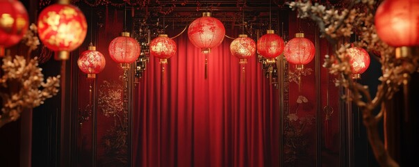 Red curtains frame a stage featuring red lanterns and gold flowers against a red backdrop.