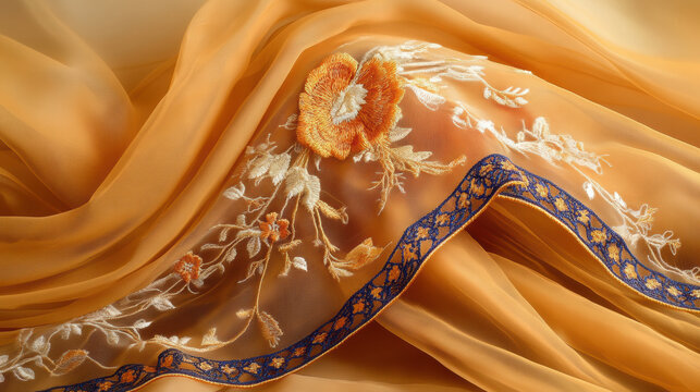 Elegant orange lace fabric with floral embroidery and blue trim