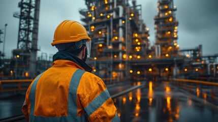 Industrial workers in orange safety gear inspecting complex refinery structures under cloudy skies, highlighting industrial infrastructure and professional safety standards.