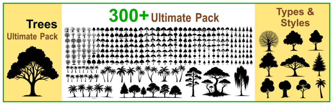 silhouette trees ultimate pack. 300+ vector trees collection (eps). different type trees for design purpose.