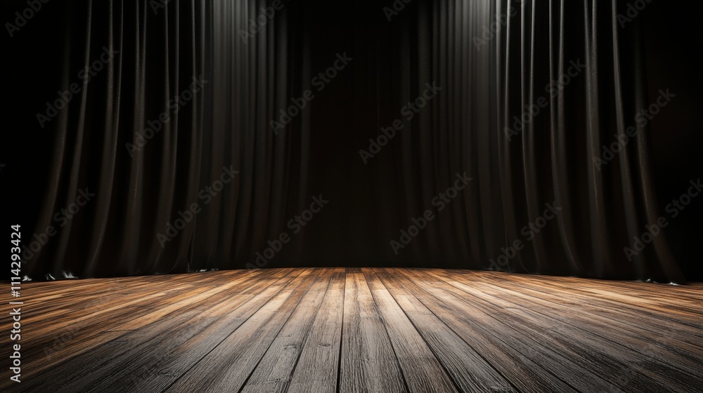 Poster minimalistic view of a wooden stage with deep black curtains, subtle light from above casting soft s