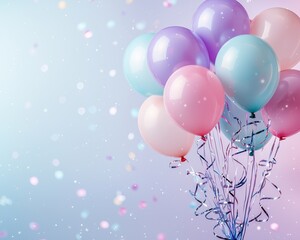 Festive banner with simple pastel balloons and streamers, softly lit against a gentle gradient background