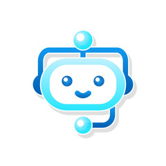 Illustration of a smiling robot face in a minimalist, futuristic design. The blue and white color scheme, rounded edges, and circuitry details create a friendly, modern aesthetic.