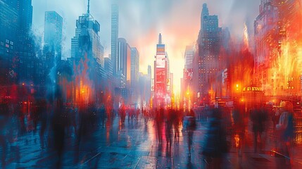 Obraz premium A lively, impressionistic cityscape with blurred figures in motion, tall buildings rising on either side. Colors blend together to capture the fast-paced energy of urban life