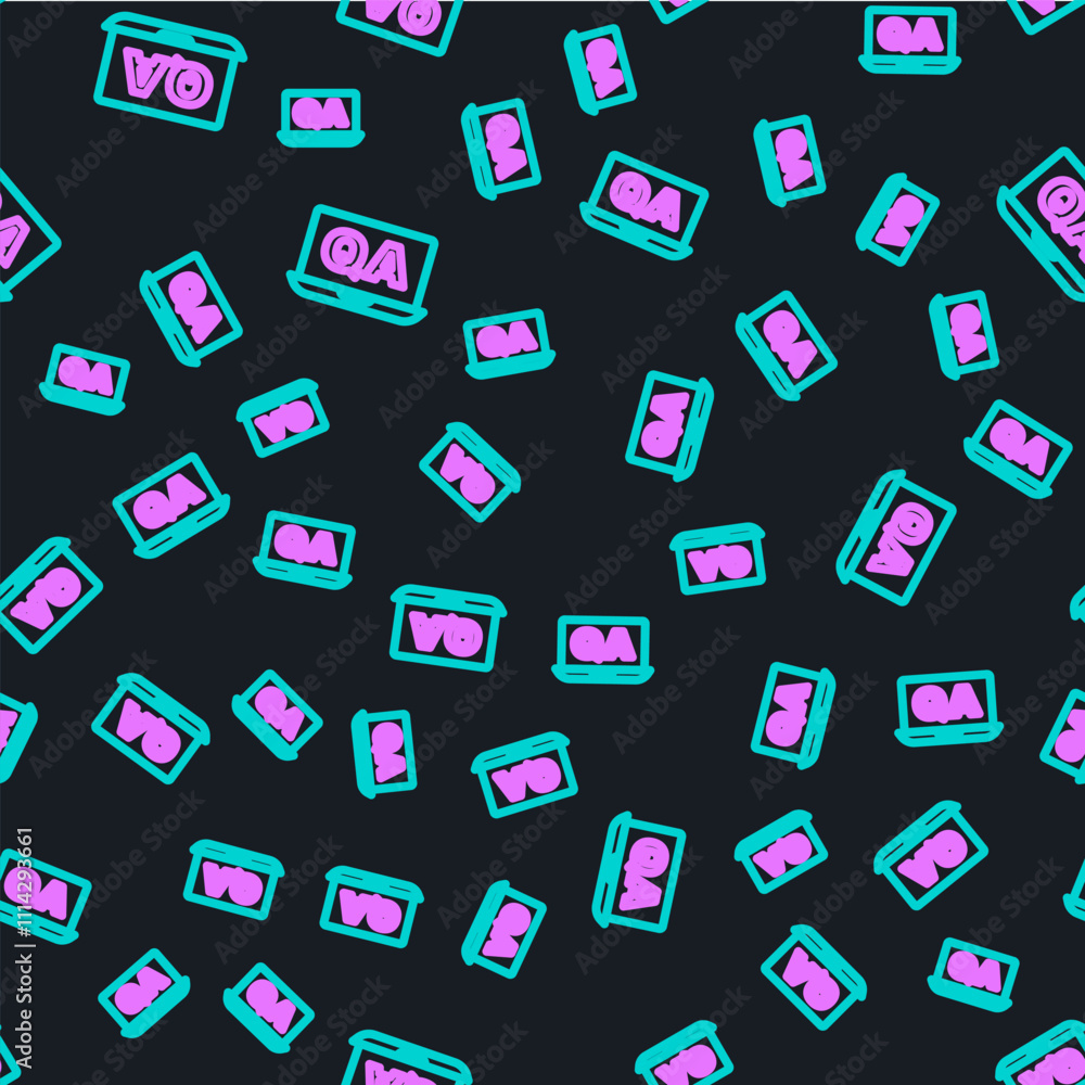 Poster line speech bubbles with question and answer icon isolated seamless pattern on black background. q a