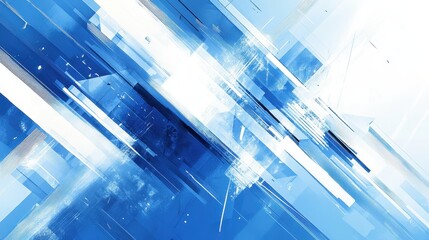 A blue background with white geometric shapes and lines depicts technology in an abstract way