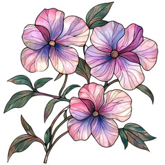 A vibrant trio of delicate flowers with intricate petals in shades of pink and purple, accompanied by lush green leaves.