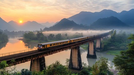 Obraz premium Scenic Train Crossing a Bridge at Sunset