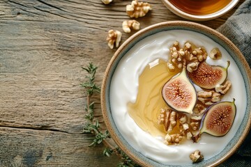 Fototapeta premium Greek yogurt, walnuts, figs, honey, herbal tea, wooden table, healthy snack - breakfast or food blog