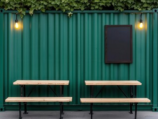 Vintagestyle green container burger joint, oldfashioned lightbulb signage, wooden picnic tables, quiet side street, warm summer day