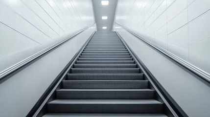 Obraz premium Empty escalator in a modern subway station with bright white walls and lights, symbolizing success and growth with geometric lines and upward perspective