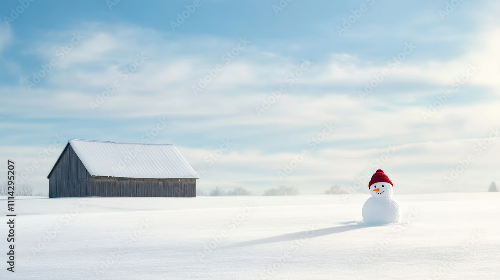 Canvas Prints snowman in a red hat standing in a snowy field with a barn and trees under a bright blue sky in a wi