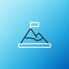 Line Mountains with flag on top icon isolated on blue background. Symbol of victory or success concept. Goal achievement. Colorful outline concept. Vector