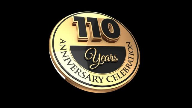  110 years, 110th anniversary logo, loop, looped video in 3D Gold with Alpha channel, isolated transparent background