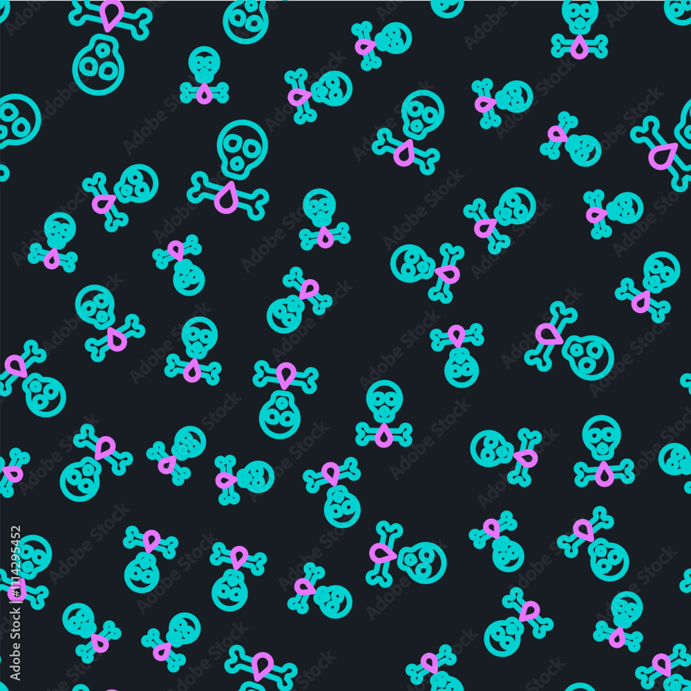 Poster line bones and skull as a sign of toxicity warning icon isolated seamless pattern on black backgroun