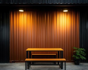 Industrialthemed shipping container burger shop, metal and steel exterior, exposed beams, urban alleyway, cool twilight atmosphere