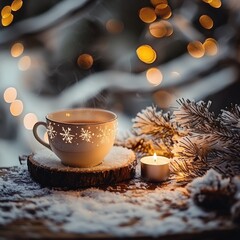 Fototapeta premium Warm cup amid winter elegance and soft lights
