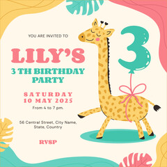 Birthday Party kids square invitation card template. Cute Giraffe with balloon number three. Hand drawn Animal for birth day