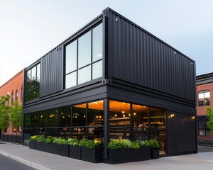 Obraz premium Sleek industrialthemed gray container burger shop, glass facade, rooftop seating with city views, bustling street corner, late evening light