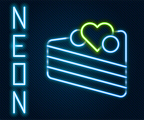 Glowing neon line Wedding cake with heart icon isolated on black background. Happy Valentines day. Colorful outline concept. Vector