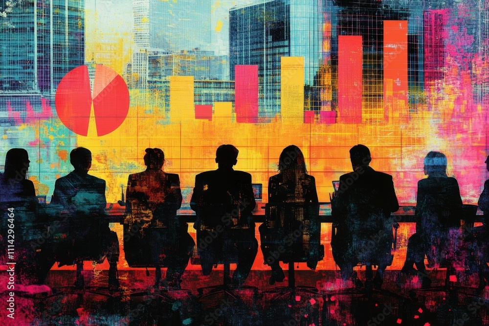 Poster abstract business meeting scene with silhouettes of professionals against a colorful backdrop featur