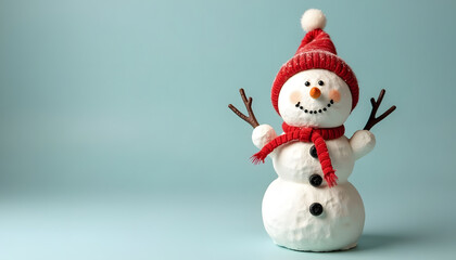 Charming snowman figurine set against a soft blue backdrop