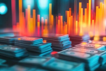 Abstract representation of financial growth and investment showcasing stacks of dollar bills with vibrant color bars indicating market trends and data analytics.