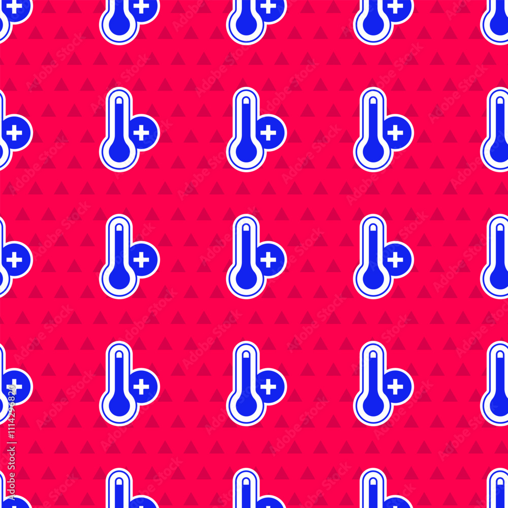 Poster blue meteorology thermometer measuring heat and cold icon isolated seamless pattern on red backgroun