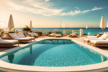 Terrace in villa with sunbeds and swimming pool . AI Generated