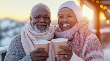 Elderly african american couple joyfully sipping hot chocolate outside during the winter holiday season